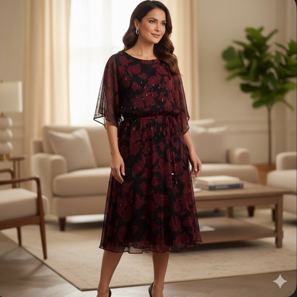 Jessica Howard Chiffon Black & RedFloral Metallic Midi Dress 10 NWT EveningWear